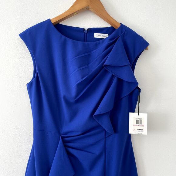 NWT Calvin Klein Sheath Ruffles Dress Size 6 Royal Blue - Picture 2 of 16